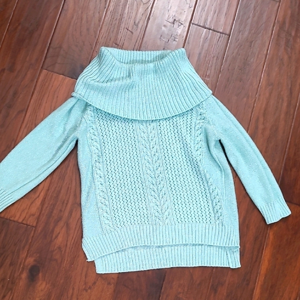 New York & Company Aqua Cowl Neck Sweater with Silver Threading size Large